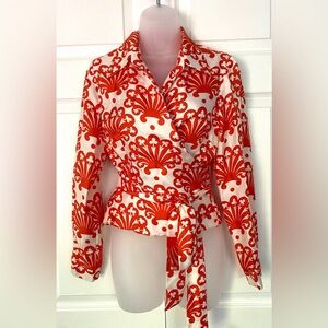 Milly of New York Shirt Silk Wrap Blouse Long Sleeve Top Orange and White size 6